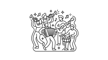 Creative Black and White Line Art of a Joyful Live Band Performing with Musical Instruments with high quality professional line art symbols for modern creative design and digital branding projects © rafa