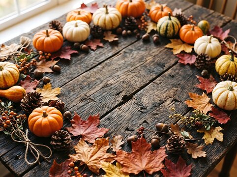 Rustic autumn table centerpiece with colorful pumpkins and dried leaves on weathered wooden boards