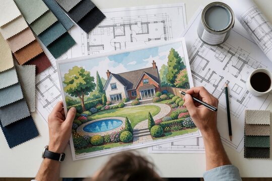 Architect works on residential landscape project at desk. Professional draws garden plan using blueprint technical document with color fabric swatches. Designer creates exterior house layout sketch