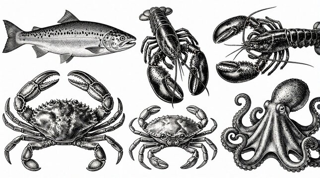 Set of vintage engraved seafood and fish illustrations including salmon crab lobster octopus. These detailed line art drawings are perfect for menus restaurant decor culinary websites or food blogs.