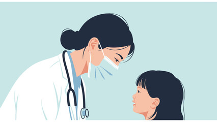 Fototapeta premium Female pediatrician wearing a mask and stethoscope caring for a young girl, symbolizing child health, medical consultation, and healthcare.