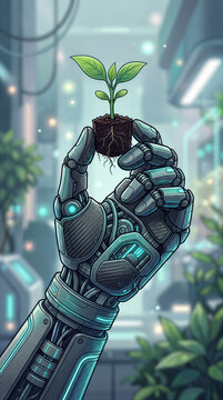 Robot hand lifts tiny plant with roots in a high-tech environment. Background shows technological elements and greenery. Concept of sustainability, robotics, environmental innovation