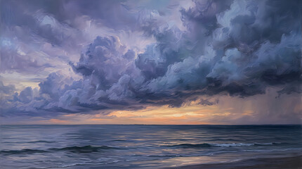 Fototapeta premium Dramatic ocean sunset with storm clouds over waves. Moody seascape horizon featuring golden light and dark atmospheric sky.
