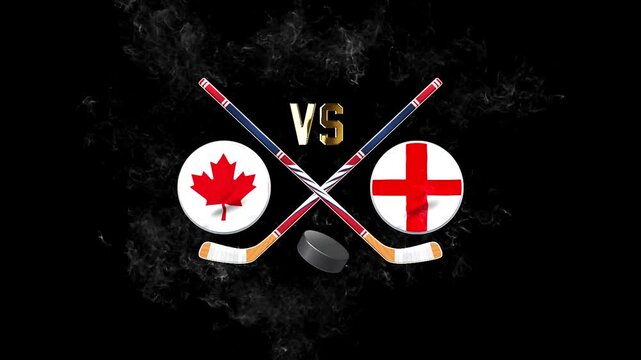 Canada vs England hockey match concept with crossed hockey sticks, puck, and national flags on a dark background