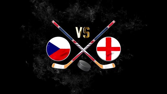 Czech Republic vs England hockey match concept with crossed hockey sticks, puck, and national flags on a dark background