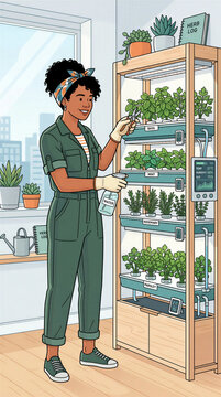 Woman is watering herbs on vertical rack in modern kitchen. Sunlight shines through large window. Concept of gardening, health, home cooking