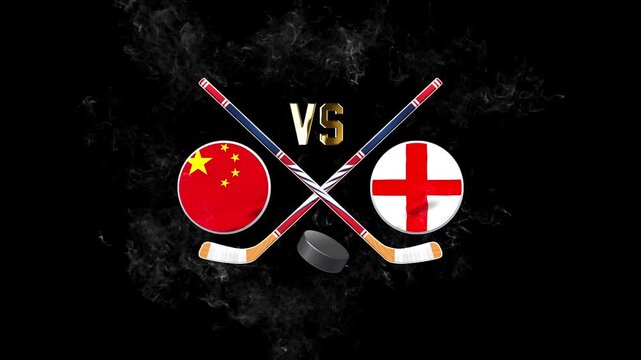 China vs England hockey match concept with crossed hockey sticks, puck, and national flags on a dark background