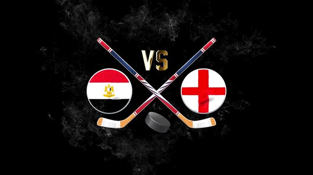Egypt vs England hockey match concept with crossed hockey sticks, puck, and national flags on a dark background