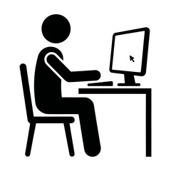Fototapeta premium Black silhouette icon of a person sitting at a desk and using a computer monitor and keyboard Vector