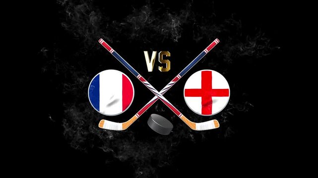 France vs England hockey match concept with crossed hockey sticks, puck, and national flags on a dark background