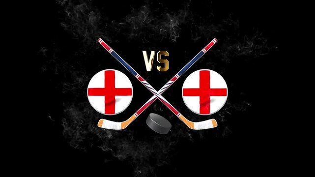 England vs England hockey match concept with crossed hockey sticks, puck, and national flags on a dark background