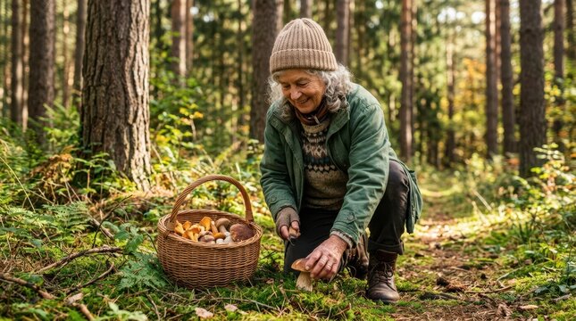 Senior woman crouching in a sunlit pine forest, gathering wild edible mushrooms into a wicker basket during autumn.