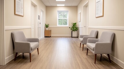 Fototapeta premium Mental Wellness Clinic Calming Interior Supportive Healthcare Alternate Interior Perspective, modern medical clinic interior, professional healthcare facility, patient care environment