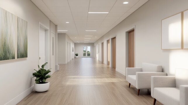 Mental Wellness Clinic Calming Interior Supportive Healthcare Wide Angle View, modern medical clinic interior, professional healthcare facility, patient care environment