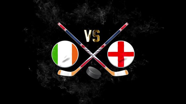 Ireland vs England hockey match concept with crossed hockey sticks, puck, and national flags on a dark background