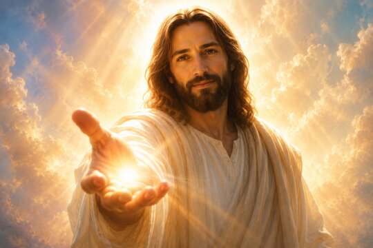 Jesus Christ extending hand to help. Man with long hair and beard in traditional robe against glowing sky. Spiritually uplifting religious symbol of redemption, grace, and salvation.