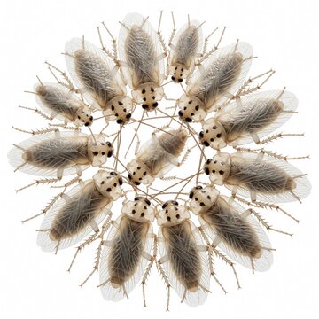 Circular arrangement of whiteflies on white background. Small winged insects form floral pattern. Macro view translucent wings plus detailed bodies of garden pests. Scientific biology imagery shows
