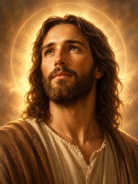 Jesus Christ with glowing halo looking up at heaven for divine inspiration. Spiritual religious portrait of savior with long hair and beard. Faith and hope concept for Christian art.