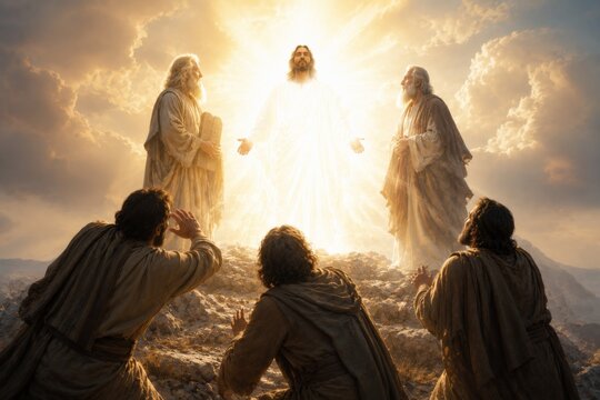 Jesus transfiguration on mount with Moses and Elijah appearing to man disciples. Biblical scene depicting divine light and glory on mountain. Christian religious art for scripture.