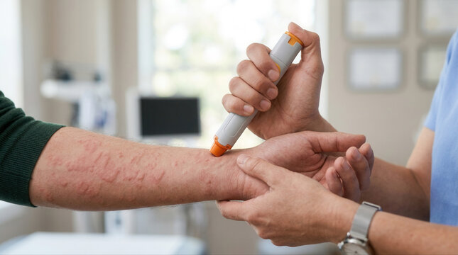 Medical professional demonstrating allergy treatment on patient's skin with epipen for dermatitis and hives relief