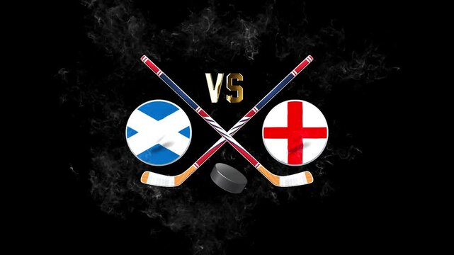 Scotland vs England hockey match concept with crossed hockey sticks, puck, and national flags on a dark background