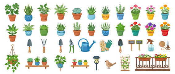 Naklejka premium Illustrated Collection of Potted Plants and Gardening Tools