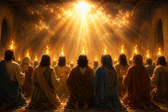 Apostles and holy woman kneeling with tongues of fire above their heads. Pentecostal scene of Holy Spirit descent. Religious biblical event, faith, spirituality and divine power.