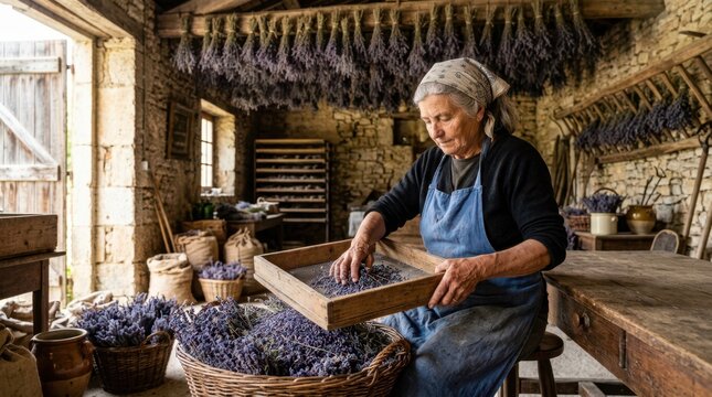 Senior woman in an apron sifting dried purple lavender flowers through a sieve inside a rustic barn drying room.