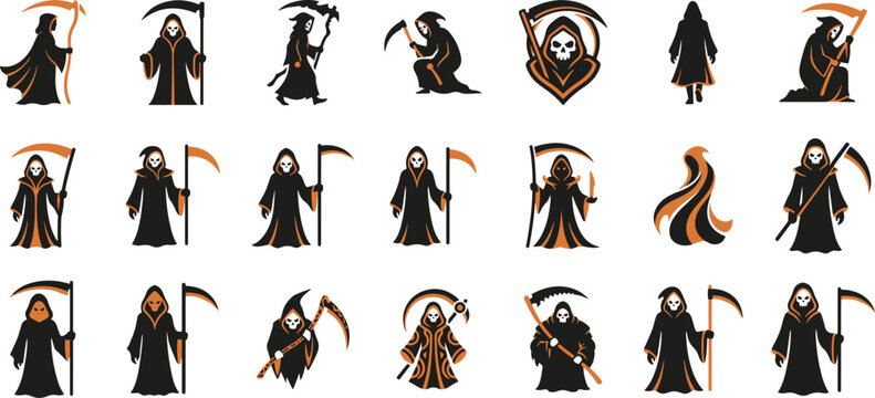 Collection of grim reaper silhouettes and illustrations featuring various death characters with scythes for halloween design projects