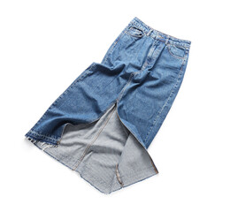 Blue denim midi skirt with a front slit and frayed hem, casual fashion apparel isolated on a white...
