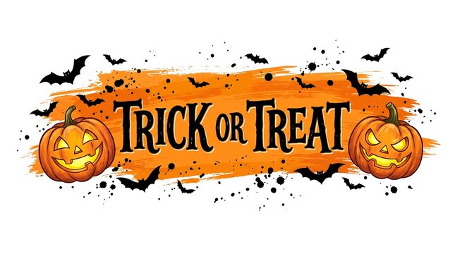 Halloween trick or treat text design with pumpkins and bats on a white background