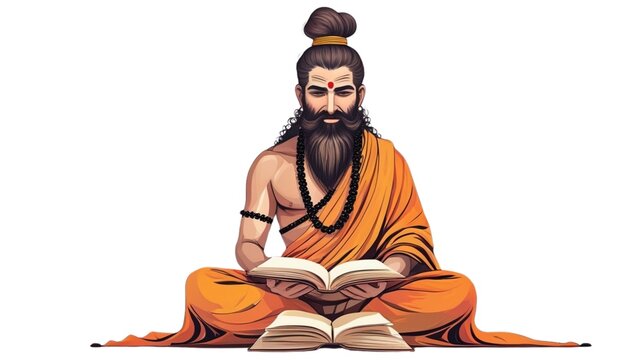 Guru purnima spiritual teacher reading sacred texts in saffron robes