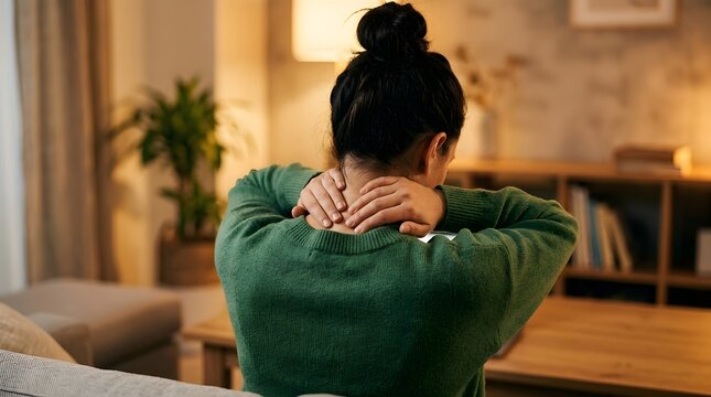 Young woman experiencing neck muscle pain and tension at home with discomfort physical wellness lifestyle stressful touching