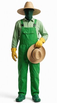Farmer wears green overalls with shirt straw hat, protective face mask. Man holds extra hat, yellow gardening gloves on white background. Person in eco work uniform poses for agriculture concept.