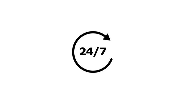 24 hours 7 days clock timer icon animation,All time service with on a white background 4k video animation,