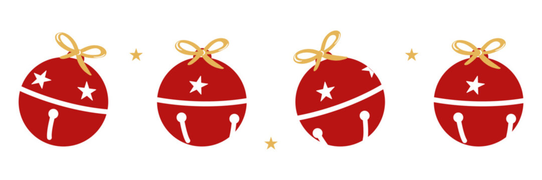 Seamless red jingle bells border with gold ribbon bows and small stars on white background for christmas holiday page header
