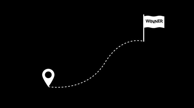 Location Pin to Winner Flag Path Line Art Animation Dashed Route Success Symbol Loop Isolated on black Background Motion Graphic