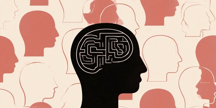the image shows a seamless pattern of head outlines in a soft reddish brown hue against a light cream colored backdrop within the black silhouette, a brain shaped maze is drawn Generative AI