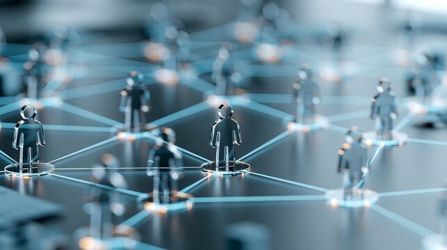 Miniature metallic human figures connected by glowing blue digital network lines concept
