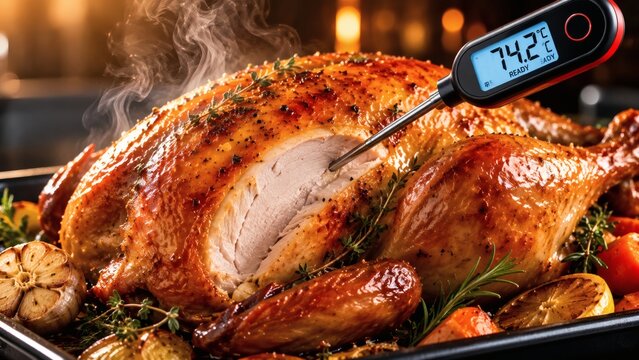 Roasted turkey with thermometer and herbs on baking tray  
