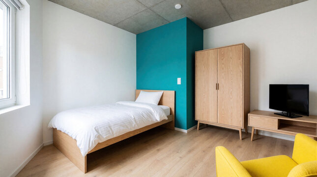 Modern studio apartment with single bed, wood furniture. Small cozy room teal accent wall, bright yellow chair. Sleek interior design features clean lines, light flooring. Compact urban home provides