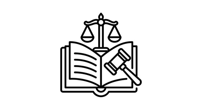 Elegant Black and White Line Drawing of Justice Symbol with Open Book and Gavel for Legal or Courtroom Concepts