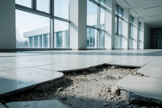 Cracked floor inside modern office building shows severe structural damage after earthquake. Broken ceramic tiles reveal concrete foundation, debris from seismic activity. Interior ruin requires