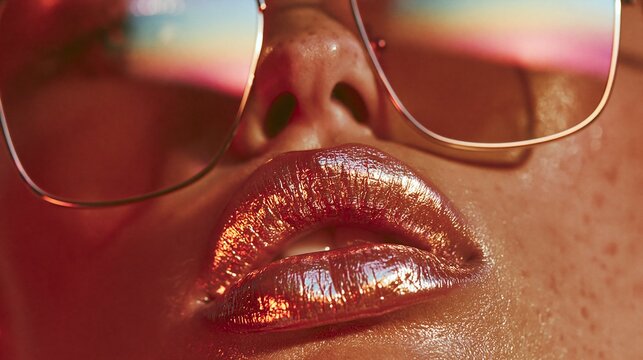 Metallic copper lips and gradient sunglasses in warm light