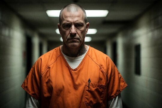 Serious inmate wearing orange uniform stands in dark prison hallway. Man with neck tattoo looks at camera. Convict waits inside penitentiary corridor during daytime. Male prisoner portrait shows