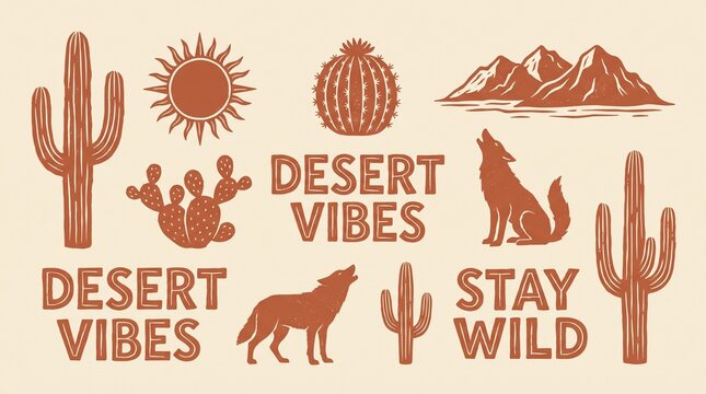Vintage desert vibes illustration set with terracotta cactus and howling wolf icons. Retro southwest landscape elements with mountains and sun. Rustic boho wild west aesthetic for apparel design.