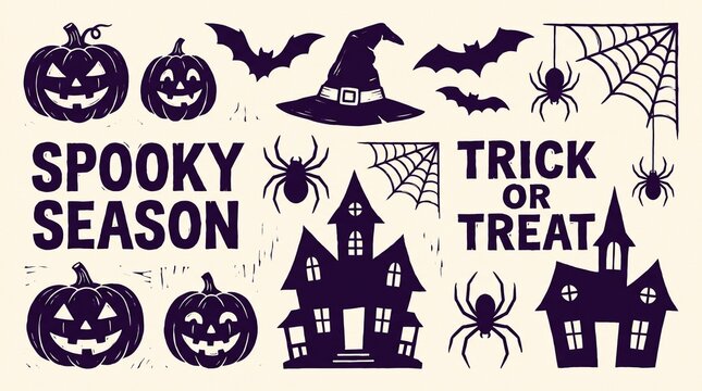 Vintage Halloween Illustrationen Set mit K&uuml;rbis und Geisterhaus, Spooky Season Grafiken im Retro Stil, Trick or Treat Designelemente f&uuml;r herbstliche Dekorationen und Party Einladungen