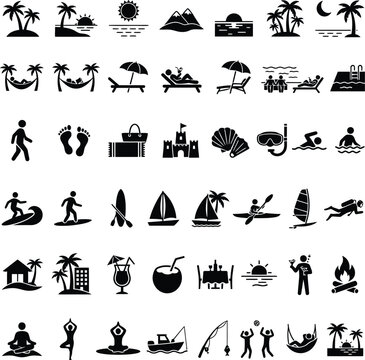 Summer vacation icons black silhouettes on a white background depicting leisure and travel activities holiday tourism beach sea ocean sun sunbathing relaxation silhouette icon pictogram