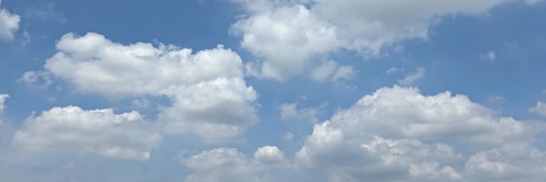 Cloudscape, Timelapse of Bright Blue Sky Background with Puffy Cumulus Cloud Row for Wide Banner and Wallpaper