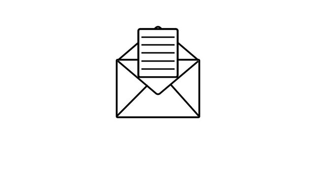 Open Envelope Line Art Animation Letter Emerging Email Message Symbol Loop Isolated on white Background Motion Graphic